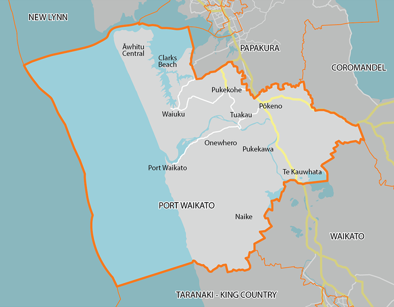 A map of the Port Waikato electorate, showing the suburbs Āwhitu Central, Clarks Beach, Waiuku, Pukekohe, Pōkeno, Tuakau, Onewhero, Pukekawa, Port Waikato, Te Kauwhata, and Naike