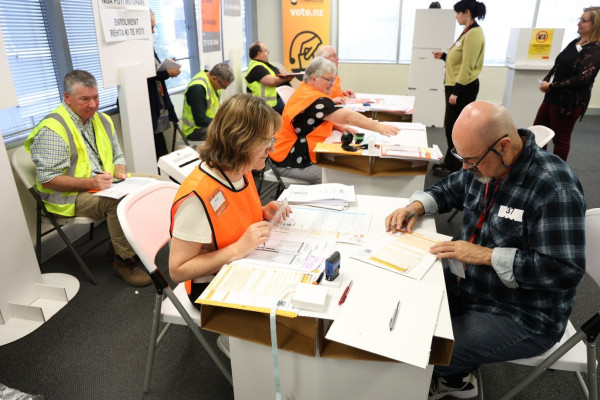 Electoral Commission staff issuing votes as part of a voting place test. Vote issuers and voters sit at cardboard tables, with scrutineers observing.