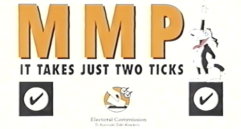 MMP It takes just two ticks, Electoral Commission logo, dog, two ticks