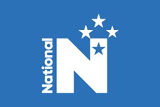 A large white letter N on a blue background with 3 white stars around it and one blue star on it. The word National appears to the left, rotated 90 degrees so the letter N is at the bottom.