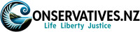 The Conservative Party NZ logo - the words CONSERVATIVES.NZ above the slogan Life Liberty Justice. The C in Conservatives is stylised with a koru pattern around a shoreline