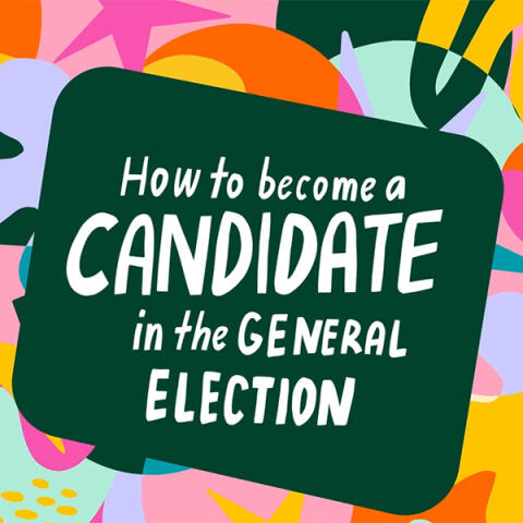 An image with a colourful cartoon background and the words "How to become a candidate in the General Election"