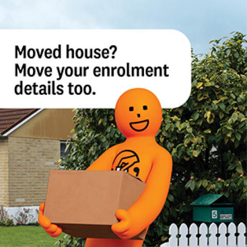 Orange Guy holding a cardboard box. Text reads: Moved house? Move your enrolment details too